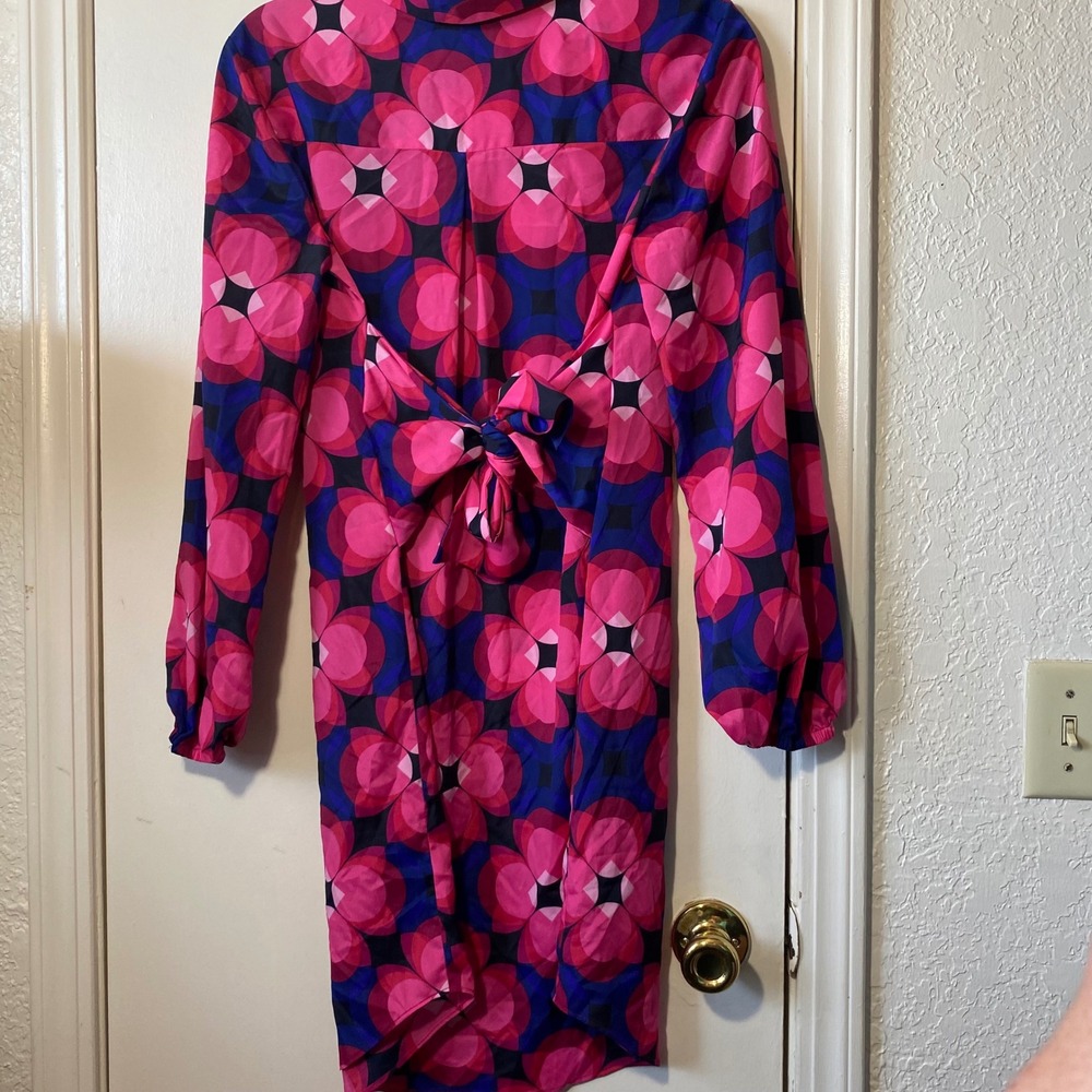 Trina Turk‎ Twist Front Medium Pink Blue Floral Print Long Sleeve Shirt Dress - Picture 5 of 7